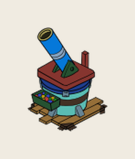The Bombardier — a mortar tower on a wooden pallet, its barrel raised to lob shells