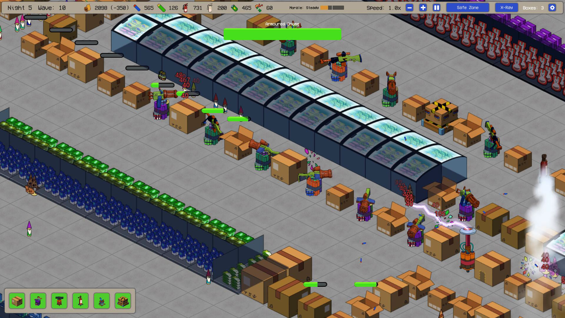 Night 5 in full swing — a long line of towers firing down a supermarket aisle, a Tesla arc chaining between armoured gnomes, floating damage numbers and confetti bursts as gnomes shatter
