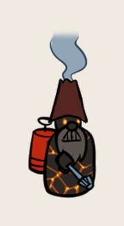 The Pyro Gnome — a hunched boss gnome with a lava-cracked body, a fuel canister on its back and a smoking chimney for a hat