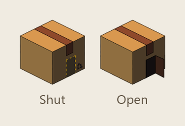 A wall box shown twice — Shut, with a gate outline marked on it, and Open, with the doorway swung wide
