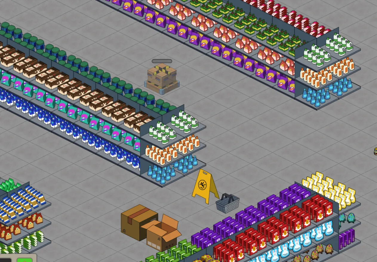 Store interior packed with colourful products, wet floor sign and shopping basket visible