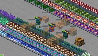 Towers positioned between store aisles with an engineer moving supplies