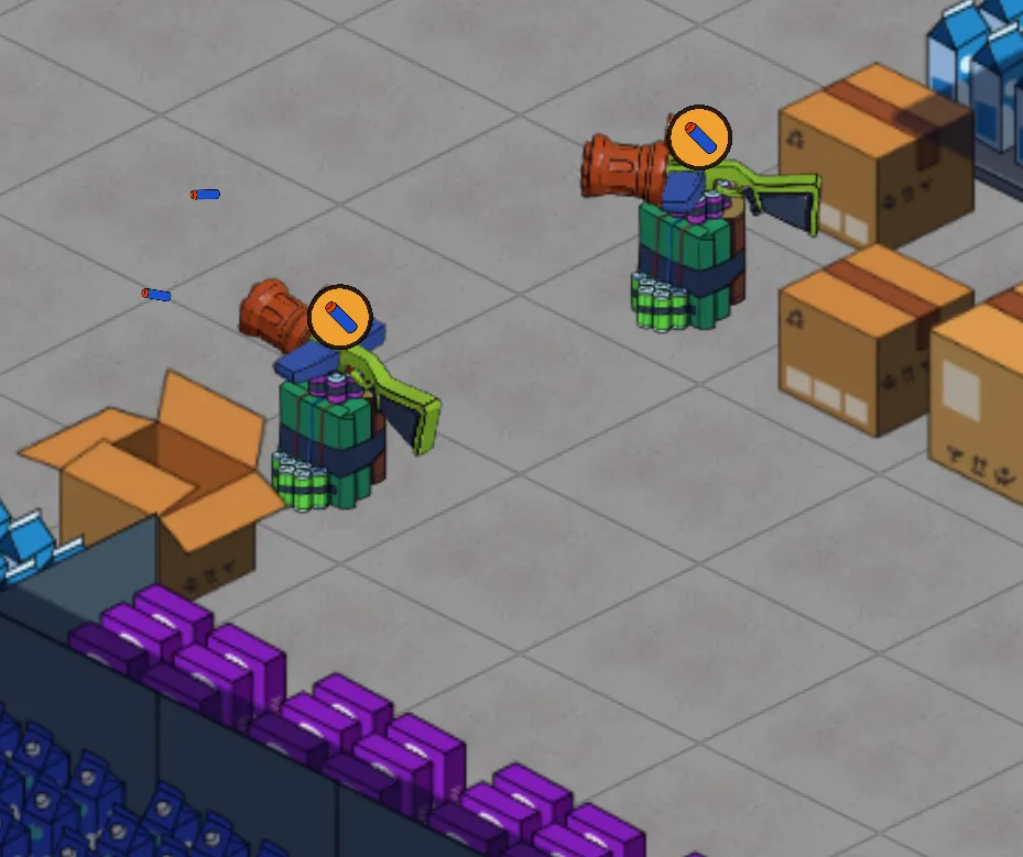 Two projectile towers in the store aisles, each with an amber warning disc and a foam-dart glyph floating above the gun, indicating low magazine
