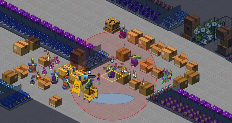 Wide combat shot — towers defending the FOB pallet against a wave of gnomes, damage numbers floating, puddle hazards on the aisle floor