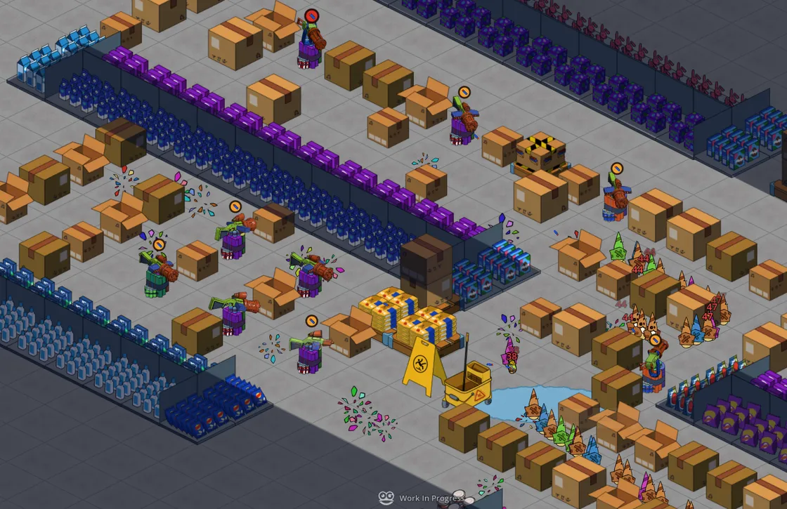 Late-night store firefight — launcher towers dug into delivery boxes, heavy confetti bursts as gnomes shatter, a lead boss gnome with a tight escort of smaller ones taking damage, mop bucket and blue puddle hazard on the aisle floor