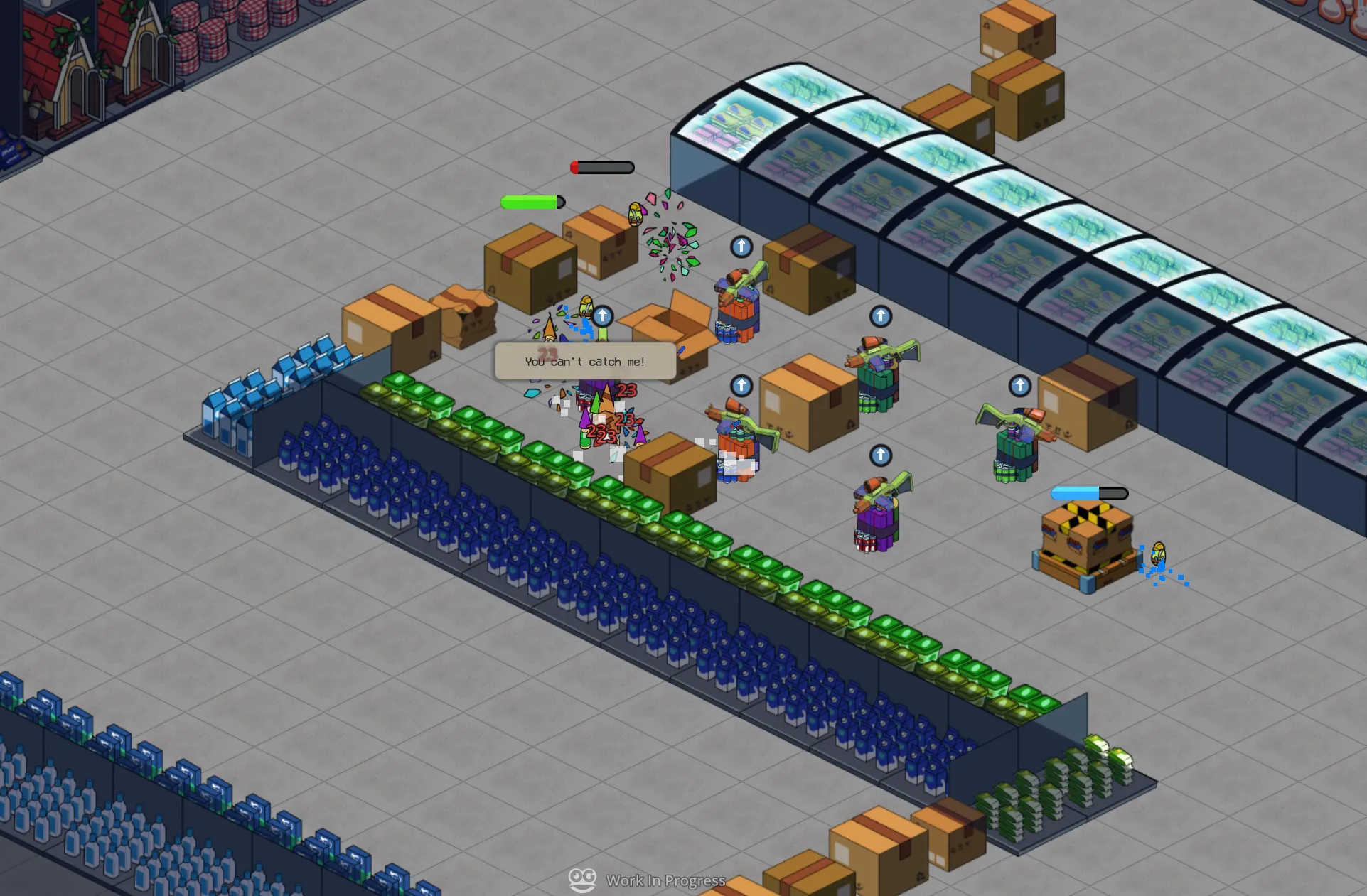 Gnomes filing past launcher towers nestled in cardboard delivery boxes along a glass-roofed freezer run, one fleeing mid-lane