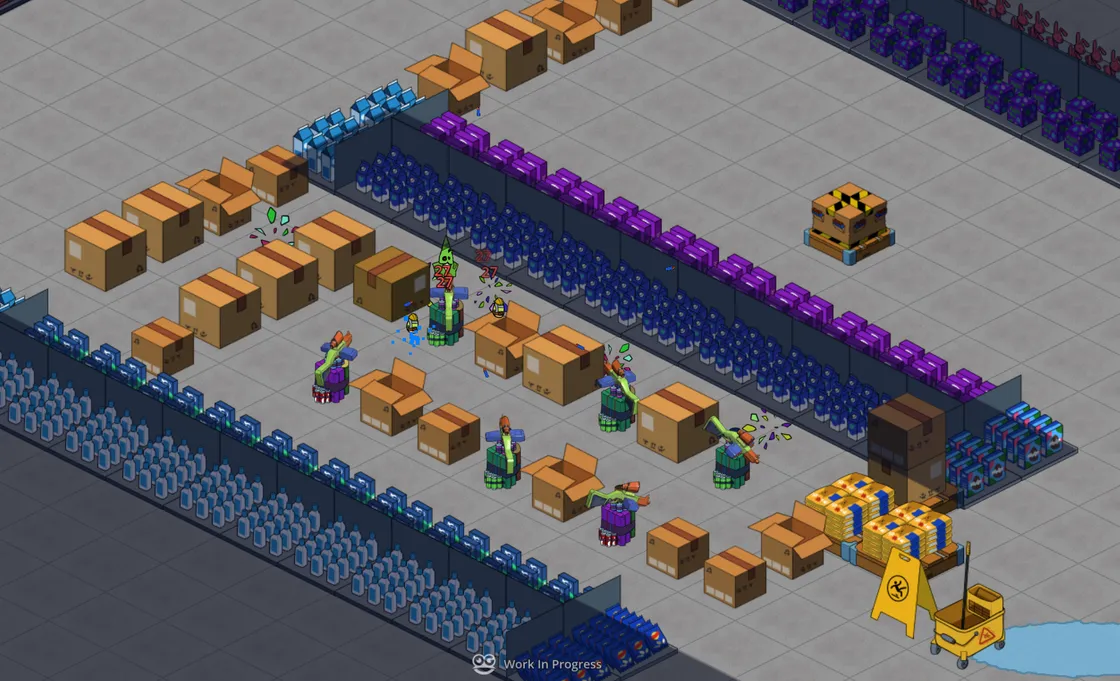 A column of garden gnomes advancing down a lane of stocked aisles as improvised towers, dug into cardboard delivery boxes, return fire across the floor