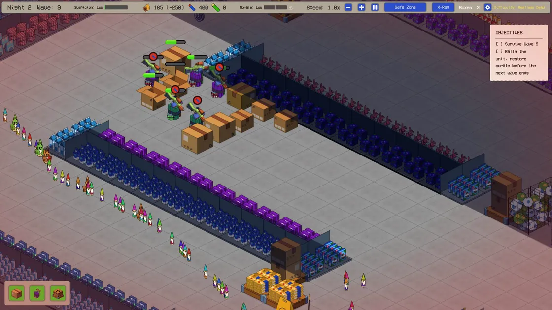 Night 2, wave 9: a long column of garden gnomes filing down the side of the shop floor past rows of stocked shelves, while towers dug into cardboard delivery boxes hold the corner above them