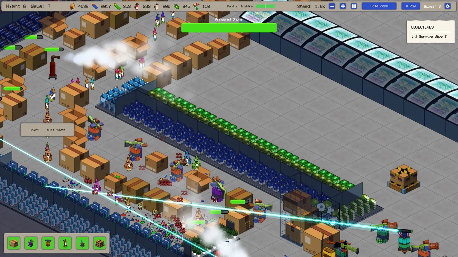 Night 6, wave 7: laser beams crossing the shop floor into a crowd of gnomes bursting into confetti, floating damage numbers, towers stood on crates down the middle of an aisle, and an Armoured Gnome health bar across the top