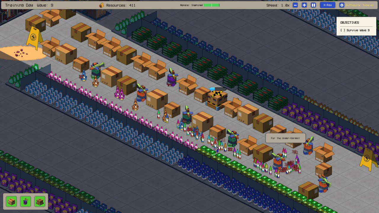 Night 1, wave 9: a long column of garden gnomes snaking down a shop aisle into a line of towers stood on drinks crates among cardboard boxes, with one gnome shouting "For the Under-Garden!"