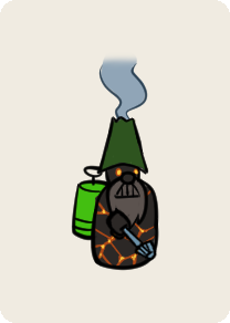 Night 7's boss: a hunched gnome with a lava-cracked body, a green chimney hat trailing smoke, a nozzle held across its front and a green canister strapped to its back